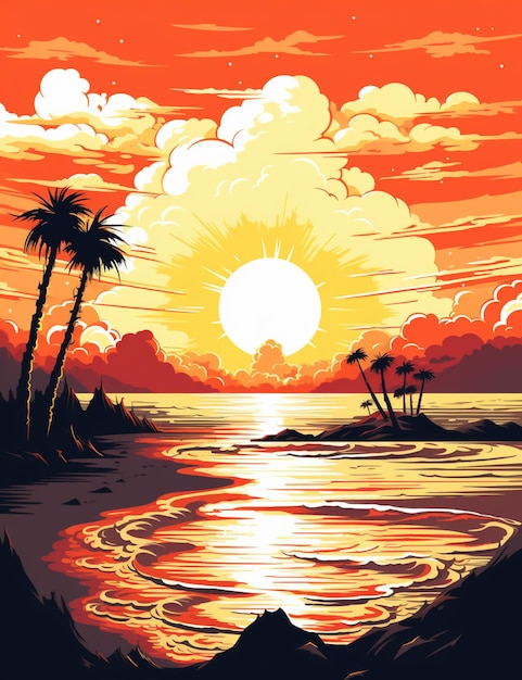 sunset over the ocean with palm trees and a body of water generative ai