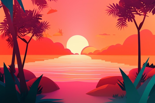 A sunset over the ocean with palm trees and a pink sky.