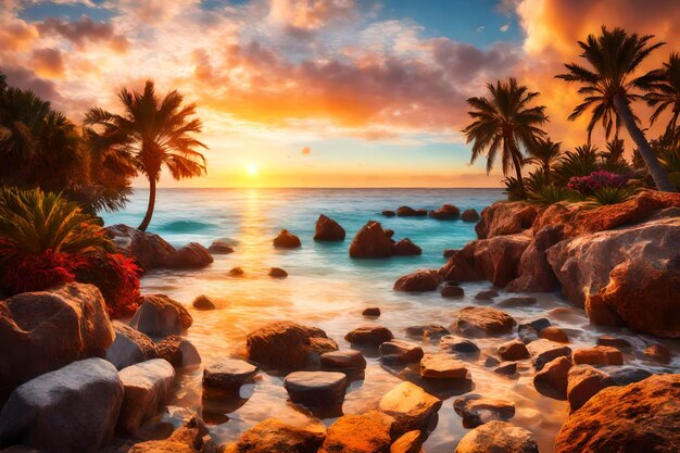 a sunset over the ocean with palm trees and rocks