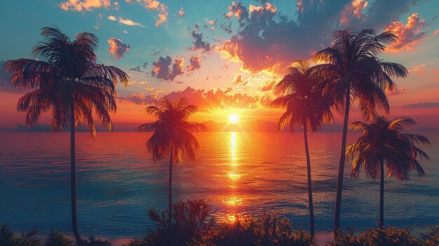 Photo sunset over the ocean with palm trees