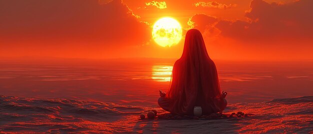 sunset over the ocean with a person sitting on the beach