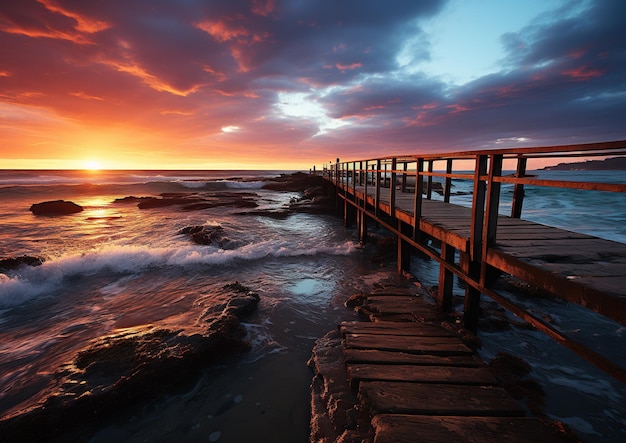 a sunset over the ocean with a pier in the foreground.