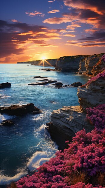 sunset over the ocean with pink flowers and rocks generative ai