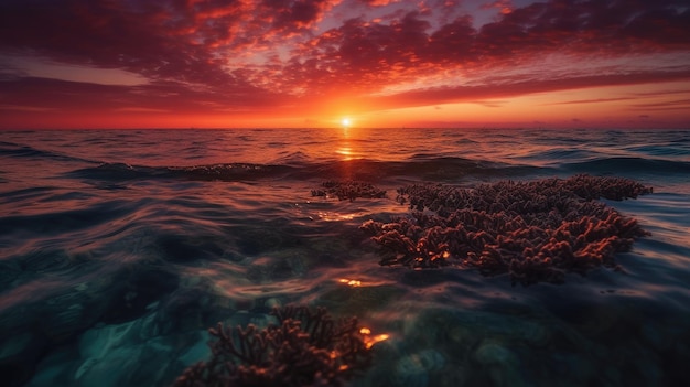 A sunset over the ocean with a red sky and a few clouds