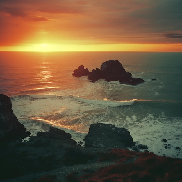 A sunset over the ocean with a rock in the foreground and a sunset in the background.