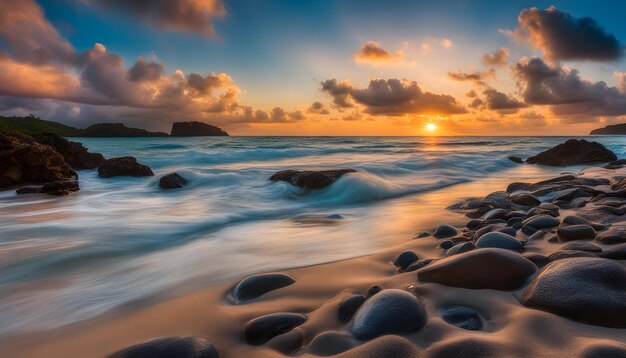 a sunset over the ocean with rocks and clouds in the background
