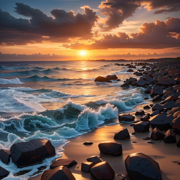 a sunset over the ocean with rocks and clouds in the background