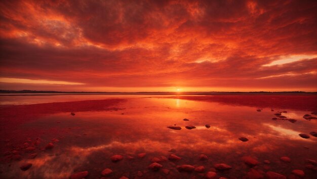 Photo sunset over the ocean with rocks and clouds