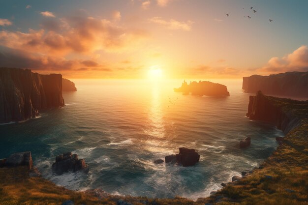 A sunset over the ocean with a rocky cliff and a seagull flying in the sky.