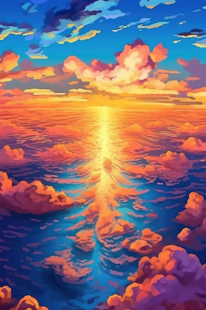 Sunset over ocean with scattered clouds reflects vivid colors Generative AI