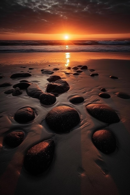 A sunset over the ocean with the sun setting behind it.