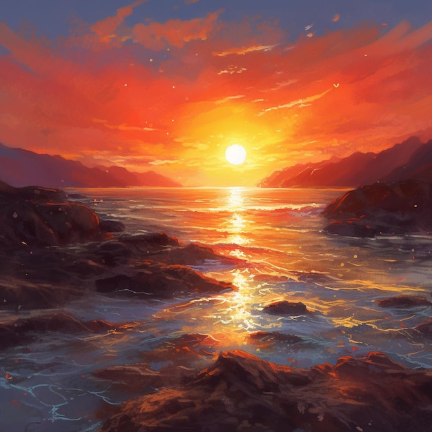 A sunset over the ocean with the sun setting behind the mountains