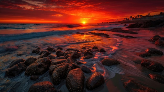 A sunset over the ocean with the sun setting over the ocean.