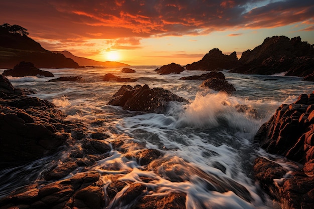 a sunset over the ocean with the sun setting behind the rocks.