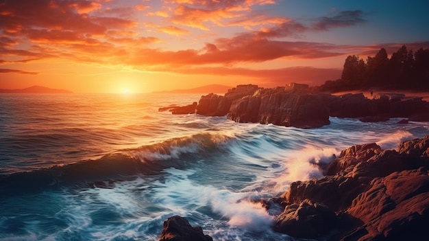 A sunset over the ocean with the sun setting behind the rocks.