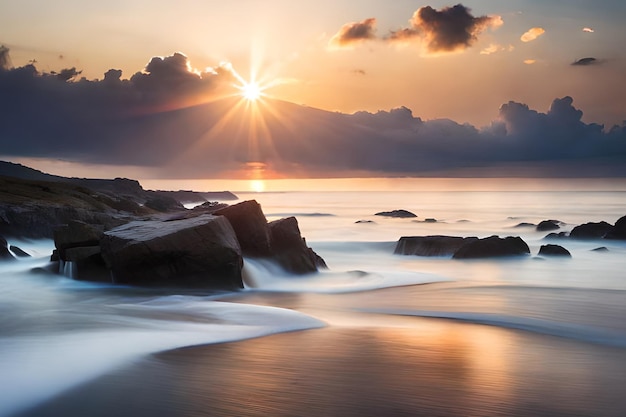 A sunset over the ocean with the sun setting over the water