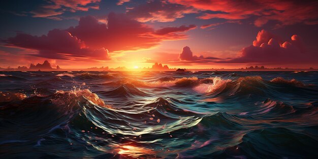 太陽が水面に輝く海上の夕暮れ
