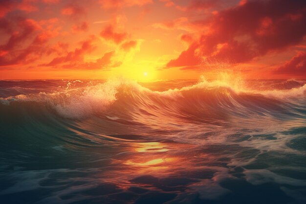 sunset over the ocean with a wave breaking in the foreground generative ai