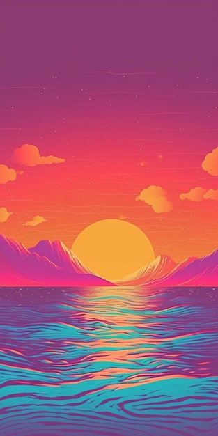 Photo a sunset over the ocean with a wave coming in to the horizon generative ai