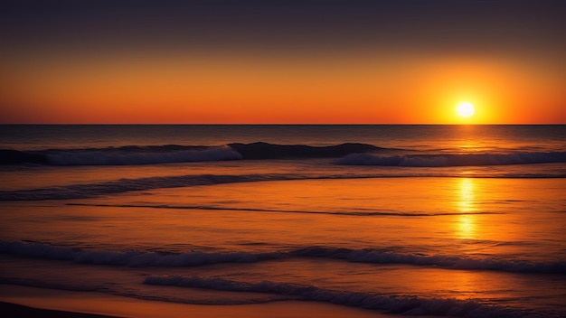 a sunset over the ocean with waves crashing on the beach.