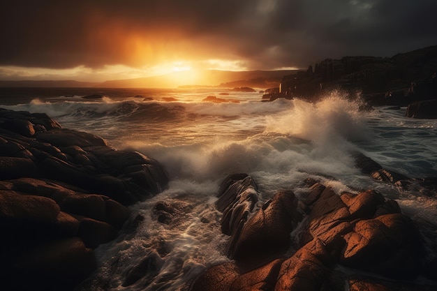 A sunset over the ocean with waves crashing on the rocks