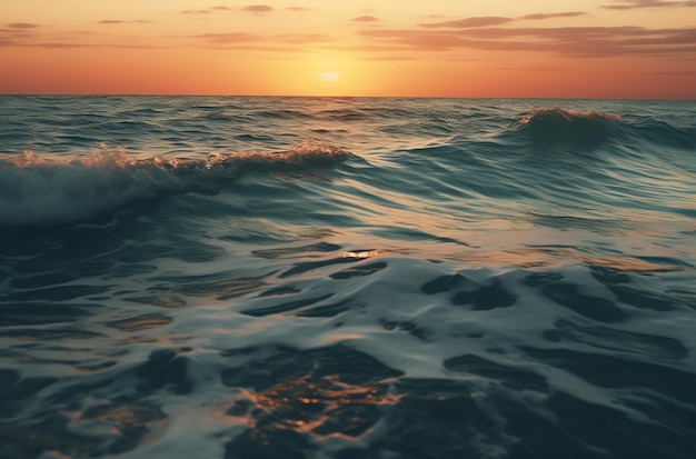 Sunset on the ocean with waves and a sunset