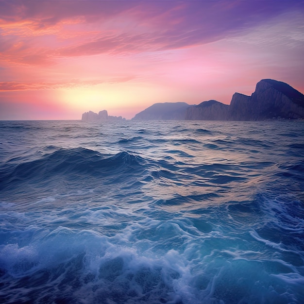 A sunset over the ocean with waves in the water