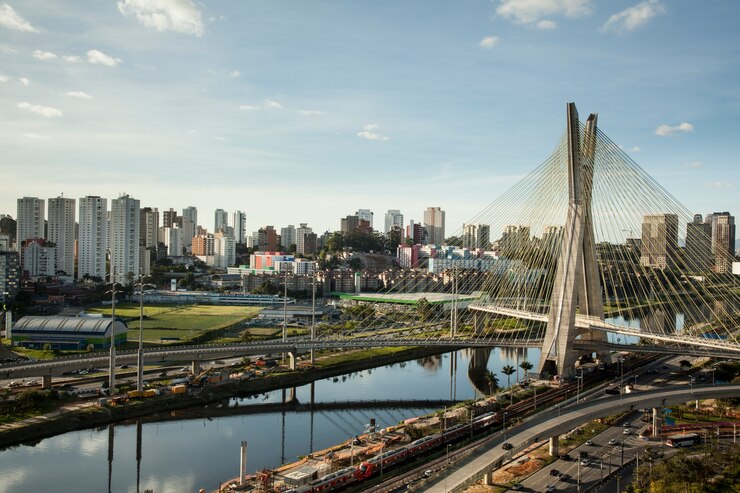 Photo sunset over octavio frias oliveira bridge - sao paulo - brazil