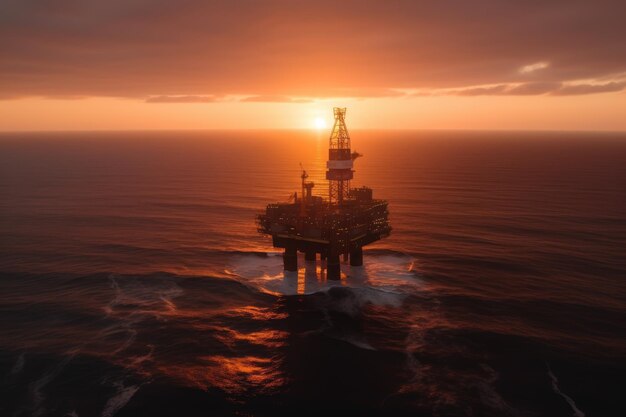 A sunset over a offshore platform with the sun setting behind it