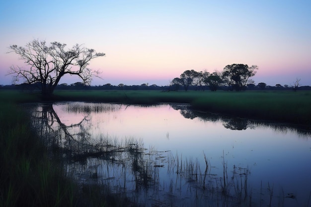 Tramonto nel parco nazionale okavango delta moremi in botswana