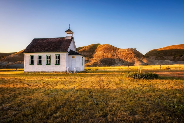 Sunset over the old church in the ghost town of Dorothy