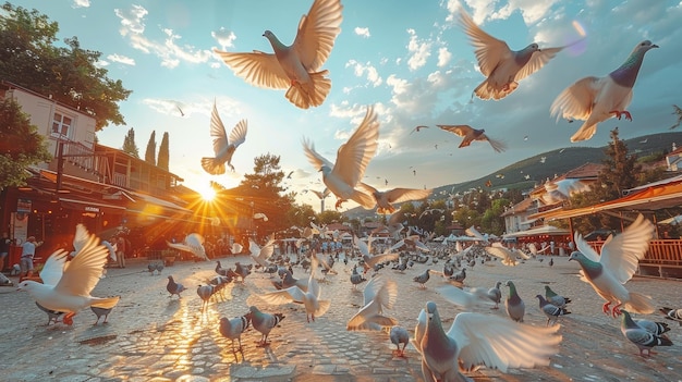 Sunset Over Old Square with Flying Pigeons in Sarajevo