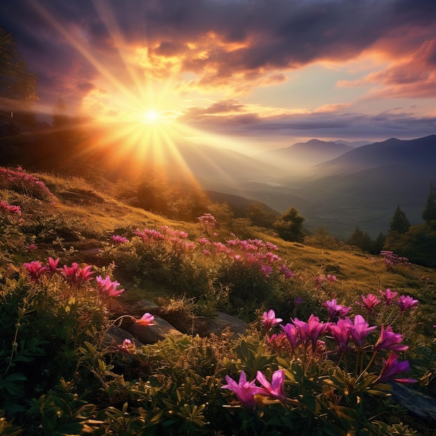 夕焼けの緑の山とバラの花