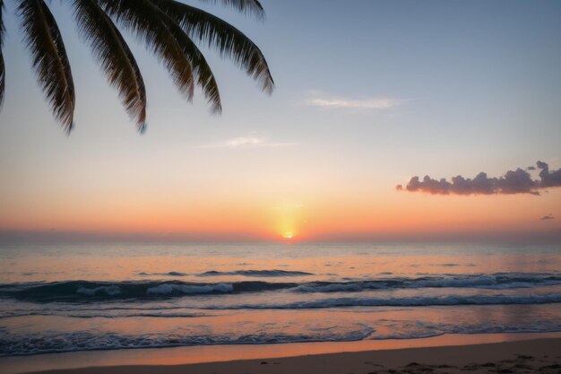写真 ビーチと海の波に沈む夕日
