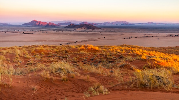 Фото Заход солнца на парке namib naukluft от дюны elim около sesriem в намибии, африке.