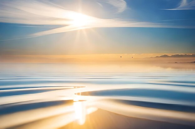 写真 鳥が水の上を飛んでいる海に沈む夕日