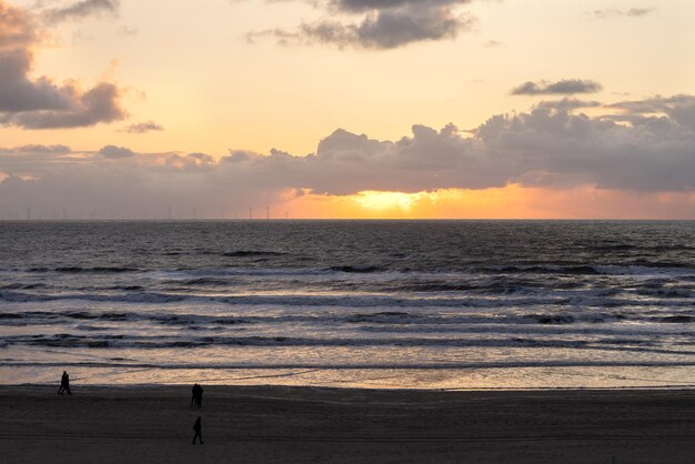 Фото Закат на песчаном побережье северного моря в нидерландах с ветряными мельницами на заднем плане в боке
