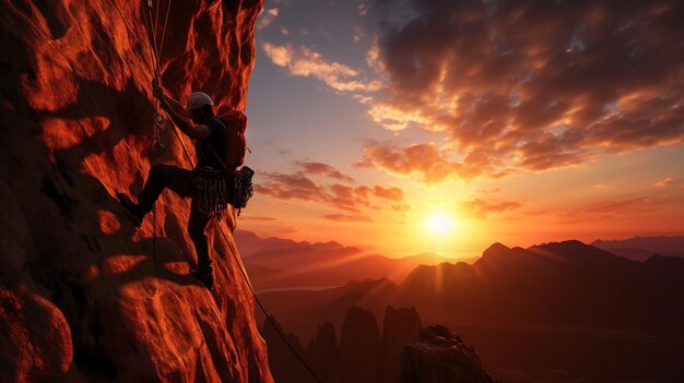 Foto al tramonto un uomo sale su una montagna e sale su una parete rocciosa