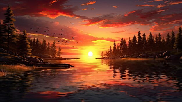 Фото Закат солнца над озером с деревьями по ai