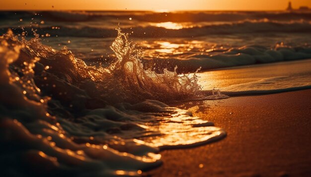 Фото Закат над спокойной береговой линией, волны плещутся на песчаном пляже, созданный искусственным интеллектом