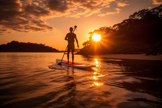 Foto paddleboard al tramonto lungo la costa