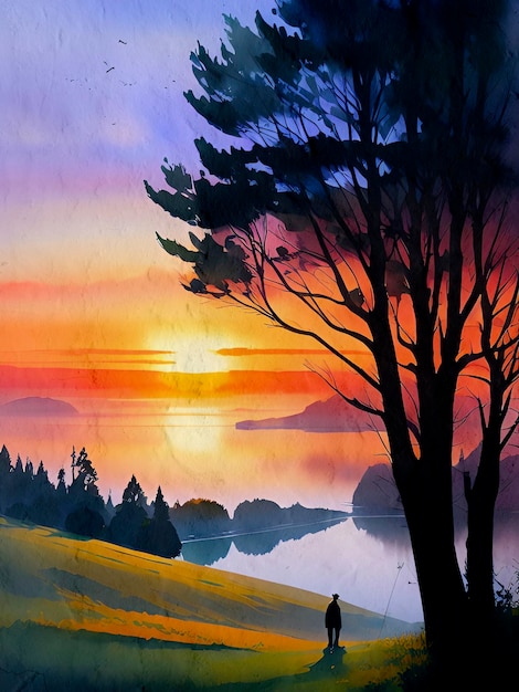 Photo sunset painting moody impasto sun landscape colorful background