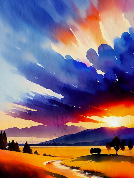 Sunset painting moody impasto sun landscape colorful background