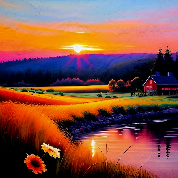 Sunset painting moody impasto sun landscape colorful background