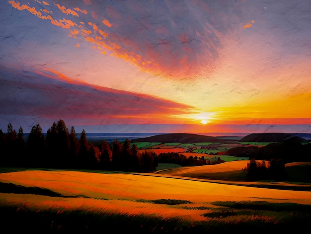 ムーディーな厚塗り太陽の風景カラフルな背景の夕日の絵