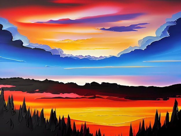 Sunset Painting Moody Impasto Sun Landscape Colorful Background