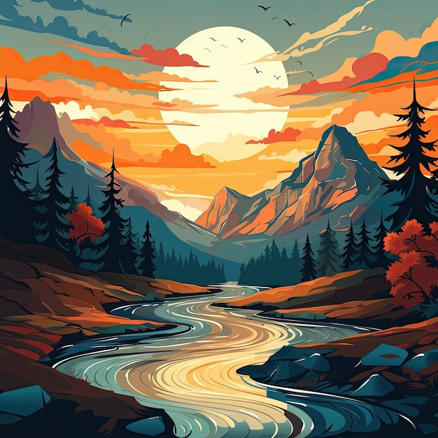 A sunset painting showcasing a river trees and mountains Illustration Generative AI