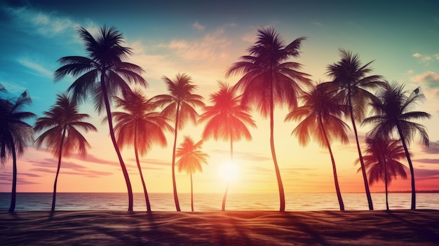 熱帯のビーチに沈む夕日のヤシの木