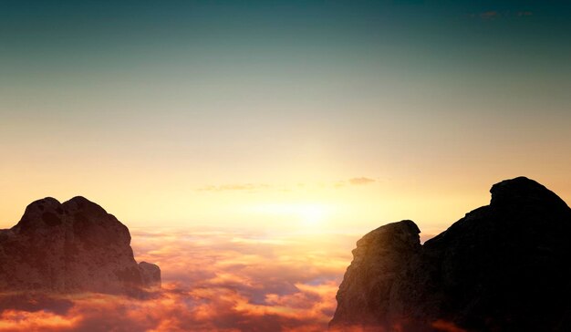 Sunset panorama of mountain peass above the clouds. Mixed media