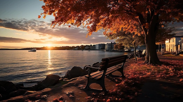 Photo sunset panorama with autumn season with lake view